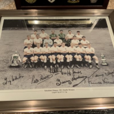 Tottenham 1961 Double Team Signed Framed Photo: 18 x 14 inch framed photo of the 1961 team hand signed by Marchi Baker Allen Jedwin Norman Dyson and Jones. C/W framed 8 historic crests of Spurs. (2)