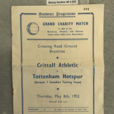 1952 Crittall Athletic v Tottenham Football Programmes: Fair condition with team changes and rusty staples holding firm. Fold.