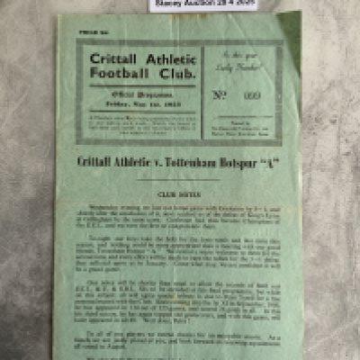 52/53 Crittall Athletic v Tottenham A Football Programme: Very good condition Eastern Counties League programme with team changes and score to team page. Dated 1 5 1953.