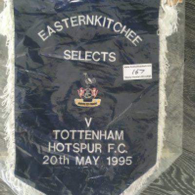 1995 Eastern Kitchee Select v Tottenham Exchange Football Pennant: Played on 20 5 1995. Very large pennant measuring 19 inches high with Tottenham embossed badge to centre and match details either side. Asia Tour in which Klinsmann scored in his last match for the club in this spell. Not commercially available.