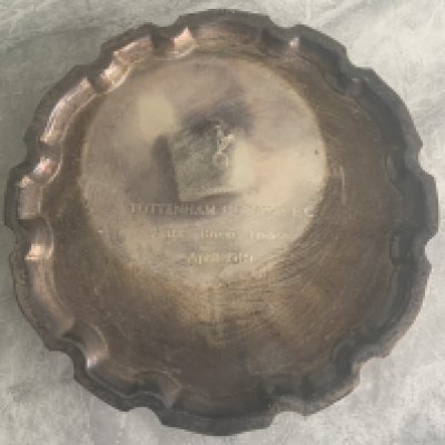 Tottenham 1989 Football Gift: Footed salver with the words presented by Tottenham Hotspur FC Saint Brieuc France April 1989. Been used as a tea pot stand and showing discolouration. Youth tournament near Brittany.