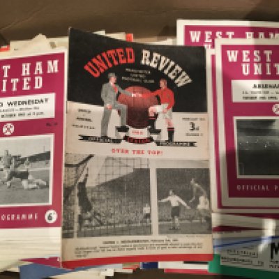 Football Programme Box: Quantity of West Ham homes from 58/59 practise match to the mid 60s. Many other London clubs including Walthamstow Brentford and Orient. Mainly 60s but some earlier to include 50/51 Manchester United v Arsenal. Quantity.