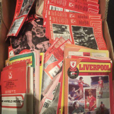 Liverpool Home Football Programmes: Large quantity from the glory years of the 70s and 80s in very good condition. (box)