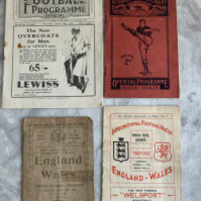 Pre War England Football Programmes: 1930 England trial match at Everton, 1926 Schoolboys match v Wales at Aberdare (faults), 1938 Full International v Rest of Europe at Arsenal and away to Wales 1936. Mainly good. (4)