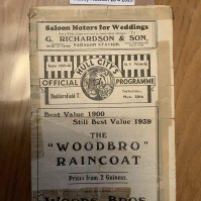 39/40 Hull City v Huddersfield Town Football Programme: Poor condition but complete 4 page programme with a lot of sellotape and writing inside. Rare season dated 18 11 1939.
