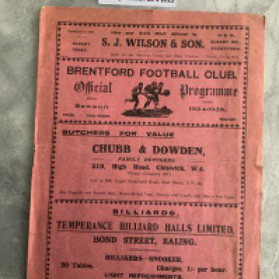 34/35 Brentford v Bolton Football Programme: Fair/good condition Division Two programme with no team changes. Staple removed not rotted away. Both teams promoted this season.