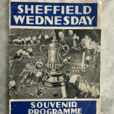 34/35 Sheffield Wednesday v Grimsby Cup Final Souvenir Football Programme: Fair condition Division One programme with no team changes. Insert and front cover to celebrate the winning of the FA Cup. Creasing and folding.