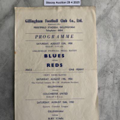 1950 Gillingham Practice Match Football Programme: Very good condition Blues v Reds programme with no team changes. Dated 12 8 1950. First match of new season as a league club.