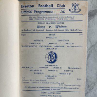 54/55 Everton Bound Volume Of Football Programmes: Numbered 1- 49 with covers intact. Includes practice match, Central League v The Rest, Liverpool FA Youth v Eire Youth, Everton A v Burscough and first team friendlies v The Army + Sodlington. Spine reads Everton FC 1954-55.