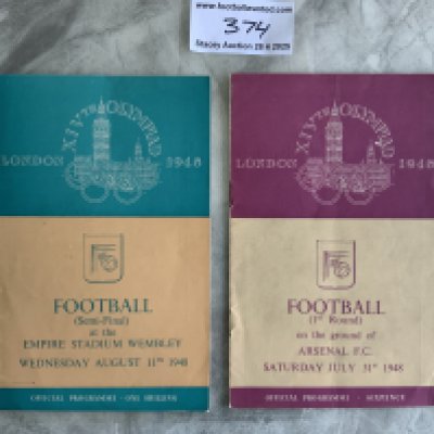 1948 Olympics Football Programmes: Great Britain v Holland at Arsenal with teams filled in and semi final at Wembley between Yugoslavia and Gt Britain. Very good. (2)
