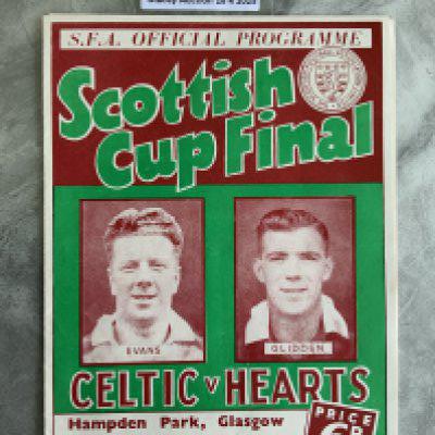 1956 Scottish Cup Final Football Programme: Celtic v Hearts played at Hampden Park in excellent condition with no team changes. Staple removed not rotted away.