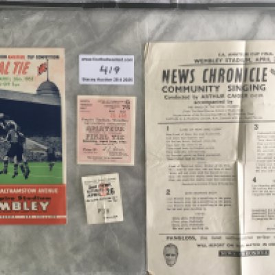 1952 Amateur Cup Final Football Programme + Memorabilia: Leyton v Walthamstow Avenue programme ticket and song sheet. Fair/good.