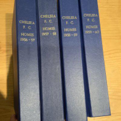56/57 - 59/60 Chelsea Home Football Programmes: Complete home football programmes including cup matches in a blue binder with gold lettering stating Chelsea FC Homes and season. A few have score to cover. (4 seasons)
