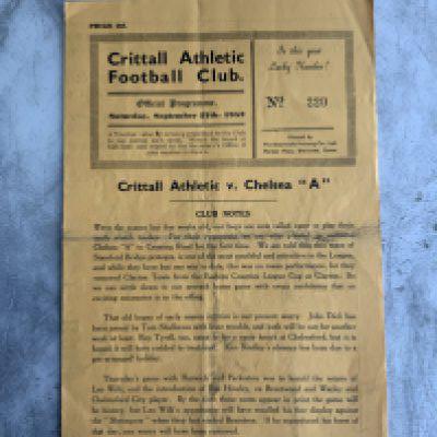 52/53 Crittall Athletic v Chelsea A Football Programme: Very good condition Eastern Counties League programme with team changes and score to team page. Dated 27 9 1952.