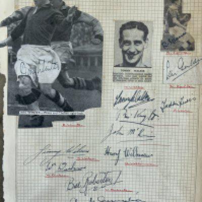 47/48 Chelsea Football Autographs: Lined page signed by 12 with 9 of them direct and 3 stuck on. C/W two partly signed team groups.