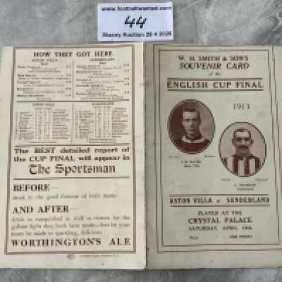 1913 FA Cup Final Football Programme: Aston Villa v Sunderland played at Crystal Palace. Four page one penny card has no team changes and is in good condition. Possible slight trim at top border. Please note there are two versions of this FA Cup final and this is the one produced by WH Smith.
