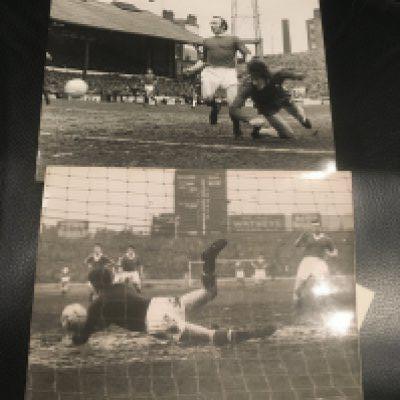 Chelsea v Manchester United Football Press Photos: 1958 Gregg fails to stop a penalty and 1966 Nobby Stiles and Ian Hutchinson. 10 x 8 press photos of which the 1958 one has press stamp and annotations. (2)
