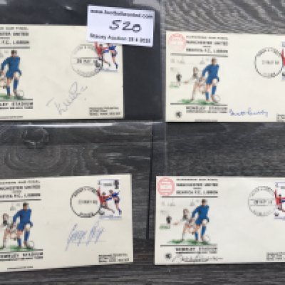1968 ECF Manchester United Signed First Fay Covers: Wembley postmark dated 29 5 1968 on all four FDCs which was day of the famous match v Benfica. Individually hand signed by George Best Matt Busby Bobby Charlton and Eusebio. Nice items. (4)