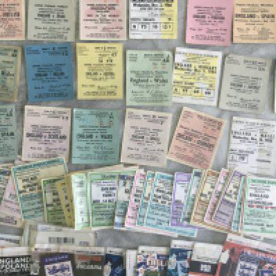 England Home Football Tickets: Includes Wales 1943, 1952, 1954, 1956, Spain 1955, Germany 1954, Rest Of The World 1963 and many more all full internationals in mainly good condition. (64)
