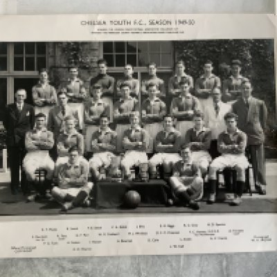 Old Chelsea Youth Team Official Football Photos: 10 x 12 inch club photo by Jaques picturing the 49/50 youth team with 25 players all named under the two cups they had won. C/W the 60/61 Youth Cup winners on original photo pictured with 3 cups. All players named on separate sheet. Press photos on old paper without press stamps. (2)