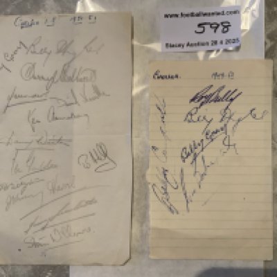 49/50 + 50/51 Chelsea Football Autographs: Exercise book page from 49/50 signed by 5 including Roy Bentley and Billy Gray. C/W a page from 50/51 signed by 13 including Armstrong and Hughes.