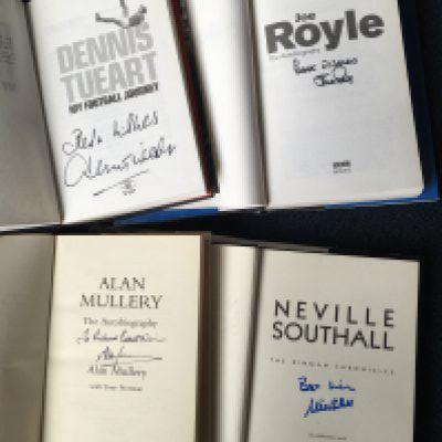 Football Book Collection: Mixed clubs with 8 undedicated signed books to include Rush Collymore Royle Southall Mullery T Smith Tuert and Richards. 34 books in 2 boxes.