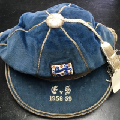 Eddie Hopkinson 1958 England Football Cap: Awarded to Hopkinson for playing in the match in Scotland on 11 4 1959. Bolton goalkeeper Hopkinson was making his 7th full international appearance. Below the three lions on peak are the words E v S 1958-59.