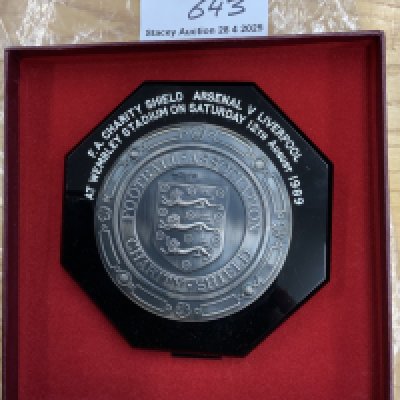 1989 Liverpool Charity Shield Football Plaque: Awarded to Bruce Grobbelaar who played in the match that Liverpool beat Arsenal 1-0. In original Tennants Charity Shield box.