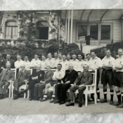 1938 England Football Squad Press Photo: Superb original black and white team group with Zurich press stamp. Squad in back row with management sitting in front. Excellent condition 10 x 8 inch photo taken in May 1938 on the tour to Switzerland.