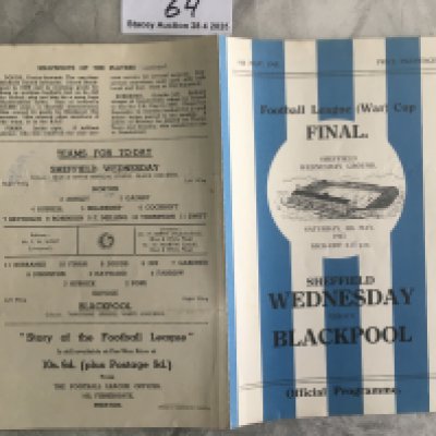 1943 War Cup Final North Sheffield Wednesday v Blackpool Football Programme: Harder to obtain dated 8 5 1943. Very good condition 4 pager with no team changes. Lightest fold.