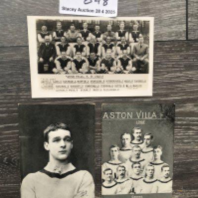 1905 Aston Villa FA Cup Winners Football Postcards: Team group plus individual player Hampton who scored two goals in the final. C/W 46/47 team group with press stamp that has previously been stuck down. (3)