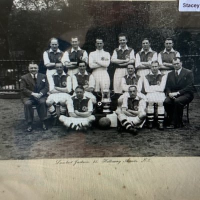 Arsenal 1936 FA Cup Winners Official Football Photo: 12 x 10 card with photo sticker onto and given to Arsenal players and staff. Original photo depicts 12 players and two staff with FA Cup. Produced by Lambert Jackson with their press stamp to rear.
