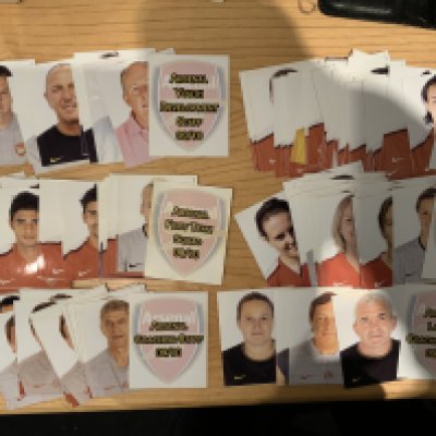 Arsenal Rare Football Card Sets: Possibly the only set in existence. Each season has an individual picture of all playing staff and coaches at all levels. For example season 2009/2010 has 29 1st team, 15 1st team coaching staff, 36 young professionals and 2nd year scholars, 9 youth development staff, 21 Ladies squad and 5 Ladies coaches. The sets are for all seasons 2009/10 to 2014/15. The 6 seasons are similar so must contain 650 cards all measuring 90 x 70 cm with shirt number, position and full name.