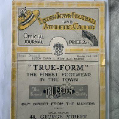 37/38 Luton Town v West Ham Football Programme: Division Two match in fair/good condition with no team changes. Tiny piece to border of cover present but needs reattaching. Fold.