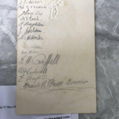 1927 West Ham Tour Signed Football Menu: Nice menu from Copenhagen dated 17 5 1927 signed to blank rear by 15 to include Director Pratt and players Vic Watson Jimmy Ruffell Ted Hufton and others. West Ham beat Copenhagen on this day 2-0. C/W 1909 unsigned letter from Syd King on West Ham headed paper regarding tickets.