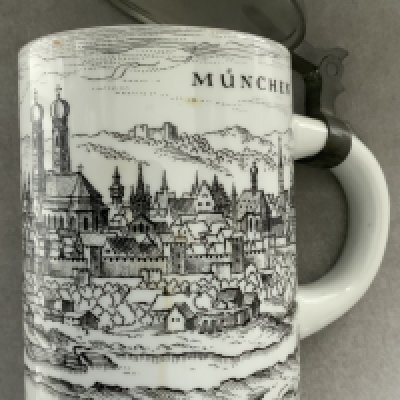 1965 ECWC Final West Ham Players Gift: Stunning top quality ceramic stein presented by TSV Munich to West Ham goalkeeper Ernie Gregory. Stein depicts Munchen Iser Fluv with decorative architecture. Lid is pewter and engraved In Freundschaft Finale Europa Pokal Spiel West Ham United TSV Munchen 1660 and date of match.