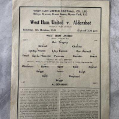 41/42 West Ham v Aldershot Football Programme: Single sheet London War League programme with folding but no team changes. Pencilled numbers to rear.