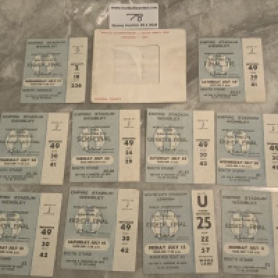 1966 World Cup Full Set Of London Match Football Tickets: Excellent condition full set of 10 blue tickets which consist of 9 at Wembley that includes all England matches plus the match at White City. C/W season ticket paper wallet which has faults to plastic.