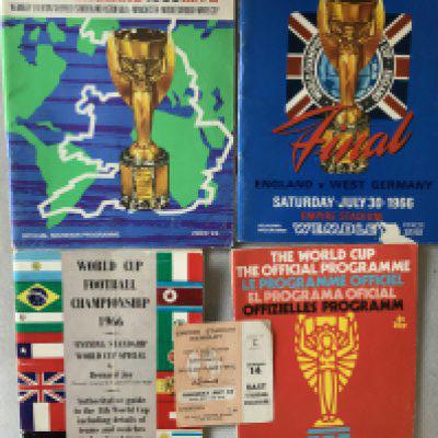 1966 World Cup Football Memorabilia: Original scuffed final programme signed inside by Danny Blanchflower Jim Baxter and two others. C/W tournament programme, Evening Standard special 3rd and 4th place ticket plus a 1970 World Cup programme. (5)