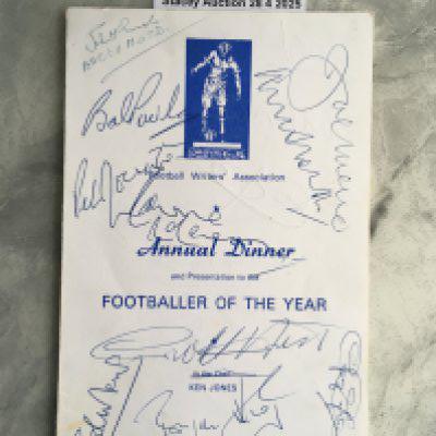 1977 Player Of The Year Multi Signed Football Menu: Football Writers annual event at the Cafe Royal London. Signed by winners Emlyn Hughes of Liverpool and England. List of previous winners who famously attend this event with autographs to include Bobby Moore Joe Mercer Danny Blanchflower Syd Owen Tony Book Tom Finney Jack Charlton Dave Mackay Terry Venables Ted Croker Derek Dougan Bob Paisley Brian Kidd Geoff Hurst and many more. Small tear at base of spine.