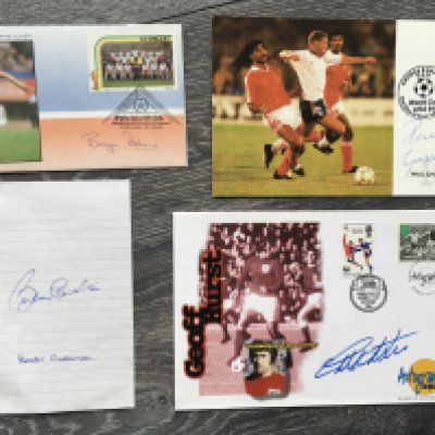 Football Autograph Collection: Lined page signed by Bobby Charlton, First Day Covers by Hurst Gascoigne and Bryan Robson, large photos in mounts signed by Les Ferdinand and Alan Shearer. Some Chelsea signed photos and an autograph book signed by a varied lot of players with many goalkeepers to include Shilton Southall and Grobbelaar.