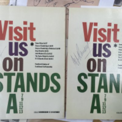 Signed Football Memorabilia: Box of programmes, signed pages and an autograph book. C/W pre printed autographs on Typhoo cards. Worth a look as includes signed club headed papers and two of Alf Ramsey.