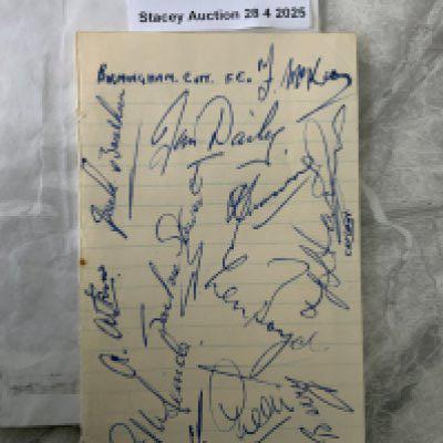 48/49 Birmingham City Football Autographs: Exercise book page signed by 12 of the newly promoted 1st division team including Gil Merrick plus Southam Berry and Harris.