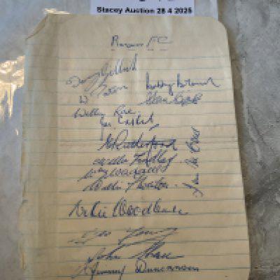 Glasgow Rangers 48/49 Treble Winners Football Autographs: Exercise book page signed by 15 of the squad. Includes Brown Shaw McColl Woodburn Cox Waddell Findlay Thornton Duncanson Rutherford Gillich Rae and Paton.