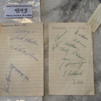 49/50 Rotherham + Huddersfield Football Autographs: Two exercise book pages from the late 40s. One signed by 11 Rotherham players and a further by 5 Huddersfield.