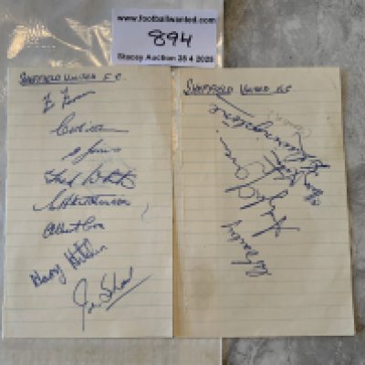 47/48 Sheffield United Football Autographs: Two exercise book pages. Signed by 12 of the squad Including Jones White Shaw Bailey Cox Hutchinson and trainer Livingstone.