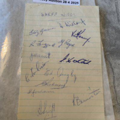 Late 1940s Sheffield Wednesday Football Autographs: Exercise book page signed by 13 of the squad including Bannister Quigley Rogers Kenny Witcomb Tomlinson Froggatt and Gannon.