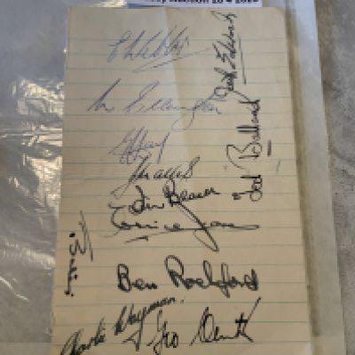 Late 1940s Southampton Football Autographs: Exercise book page signed by 12 of the squad including top goalscorer Charlie Wayman and Ted Ballard.