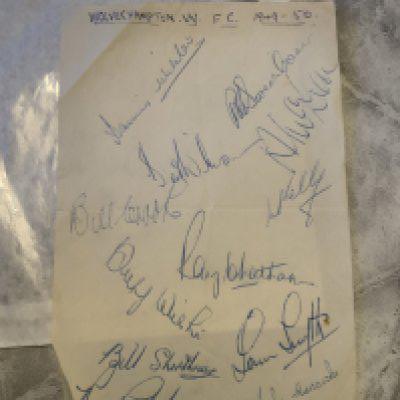 1949 Wolves FA Cup Final Winners Football Autographs: Three exercise book pages signed by 14 of the squad with cup winners to include Shorthouse Wright and Williams with some duplication. Additionally there is a page from 49/50 signed by 12 and a further page with 7 stuck down autographs. (33 autographs)