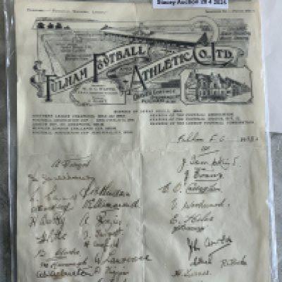 Fulham 1938 Headed Paper Football Autographs: 34 autographs on Fulham headed paper hand written and not pre printed. C/W team group card stuck down from that era.